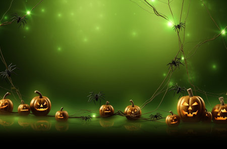 Generative AI : spider web with green and black spiders Halloween background conceptの素材