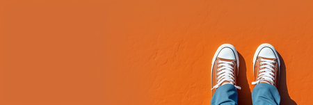 Generative AI : Feet in sneaker standing on pavement background top viewの素材