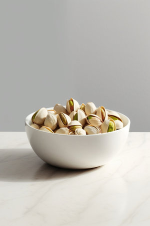 Generative AI : Healthy food and snack mixed nuts in white ceramic bowl on white background from above pistachios almonds hazelnuts and cashewの素材