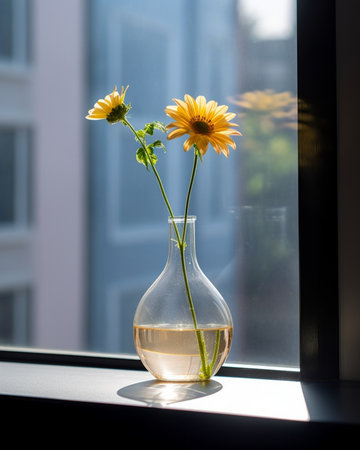 Generative AI : yellow cosmos flower in glass vase on wooden tableの素材