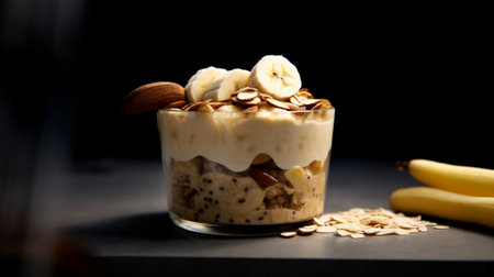 Generative AI : breakfast home made yogurt with granola and banana in bowl on wooden tableの素材