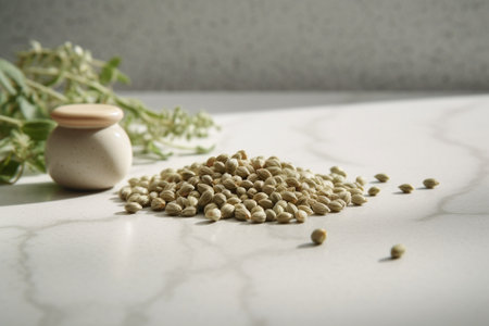 Generative AI : raw dry corn seed in glass bowl on marble backgroundの素材