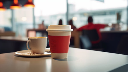 Generative AI : red polkadot cup of coffee on table in coffee shopの素材