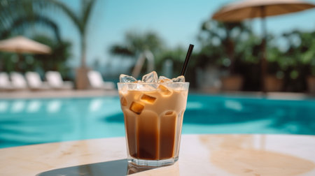 Generative AI : summer drink homemade cold brew coffee with iced on white table with green natural backgroundの素材