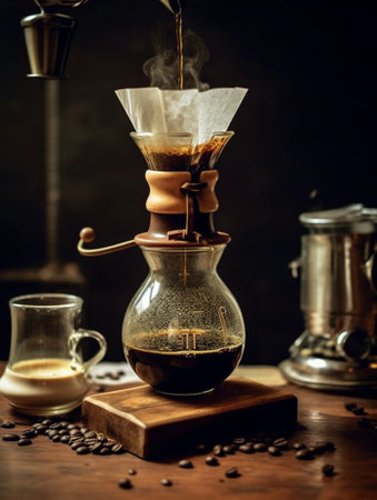 Generative AI : vietnamese coffee dark roast coffee brewing with Vietnamese drip filter in glass on sweet condensed milkの素材
