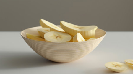 Generative AI : healthy snack roasted coconuts chips in white ceramic bowl on white wooden tableの素材