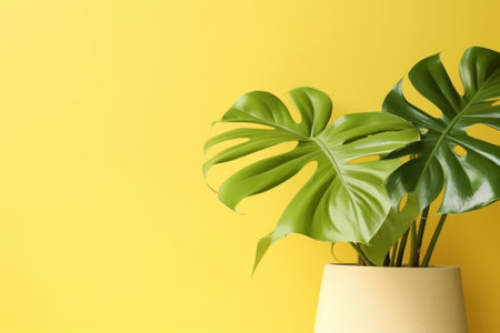 Generative AI : house plant heart leaf Philodendron vine in yellow ceramic pot on white tableの素材