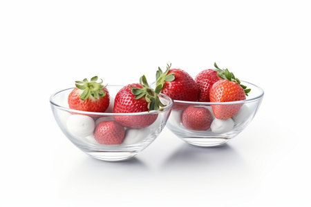 Generative AI : dried strawberry in glass bowl on white table backgroundの素材