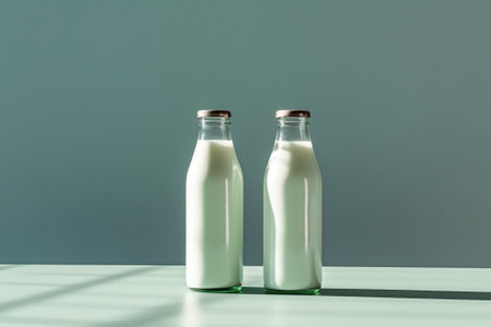 Generative AI : two bottle of milk on white wooden tableの素材