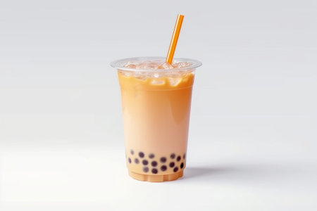 Generative AI : a glass of thai tea with milk on the white tableの素材