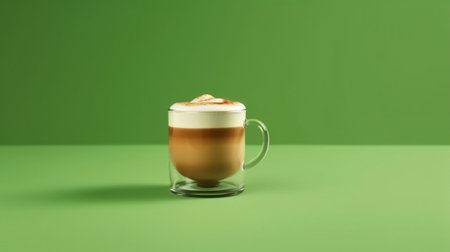 Generative AI : a glass of latte coffee on green backgroundの素材