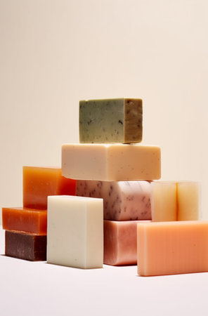 Generative AI : variety of handmade natural cold process soap on white marble background colorant from claysの素材