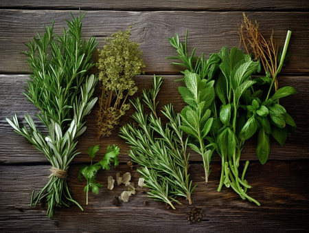 Generative AI : Assortment of fresh herbs olive oil and spices Wooden background Close upの素材