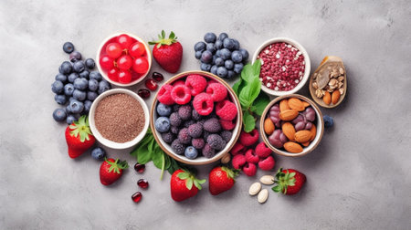 Generative AI : Assortment of fresh berries in white bowl Marble background Top viewの素材