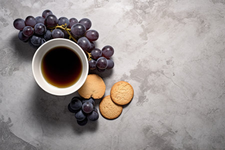 Generative AI : Cheesecake dessert with fresh berries and cup of coffee Gray background Copy space Top viewの素材