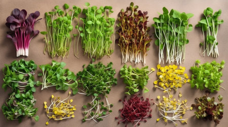 Generative AI : Assortment of micro herbs Chives radish sunflower peas sprouts in containers White wooden blinds background Copy spaceの素材