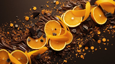 Generative AI : Candied orange slices in chocolate Slate background Close upの素材