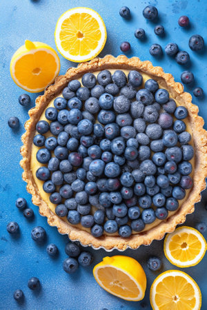 Generative AI : Blueberry tartlet pie tart with vanilla custard Slate stone backgroundの素材