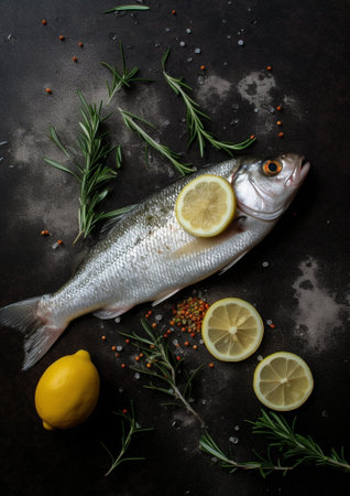 Generative AI : Dorado raw fish on a plate with ice and lemon Black stone background Top viewの素材