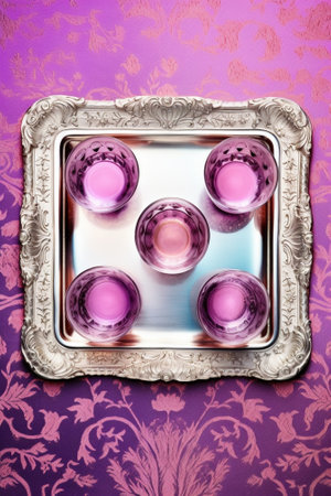 Generative AI : Moroccan mint tea in glasses with sugar on silver tray Copy spaceの素材