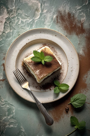 Generative AI : Chocolate cake with fresh mint leaf on a plate Wooden background Top view Copy spaceの素材