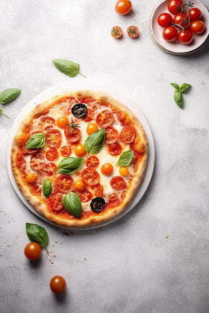 Generative AI : Mozzarella cheese ball with cherry tomatoes and basil leaves Marble background Copy space Top viewの素材