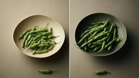 Generative AI : Green beans on blue and white background Top view Close upの素材