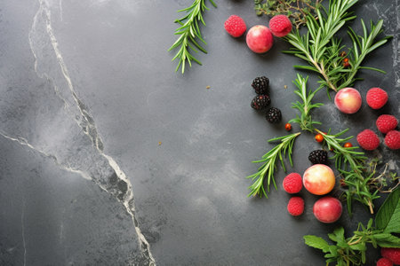 Generative AI : Fresh thyme bunch on slate background Close up Copy spaceの素材