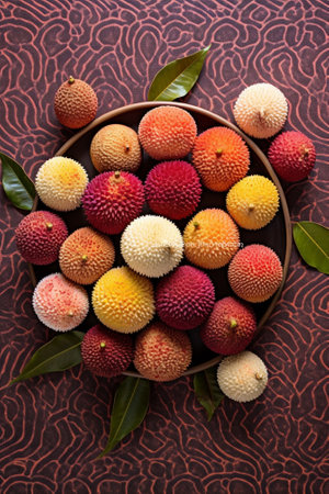 Generative AI : Fresh rambutans in a grey stone bowl on wooden colorful backgroundの素材