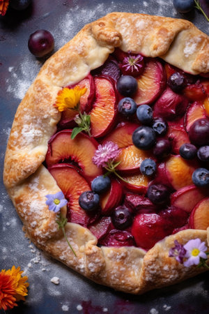 Generative AI : Peach galette pie cake with honey and berry on a wooden background Copy space Top viewの素材