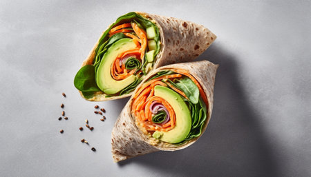 Generative AI : Wrap sandwich roll with fish salmon and vegetables Grey background Close upの素材