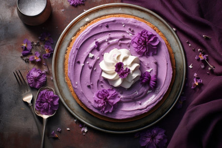 Generative AI : Raspberry layerd cake decorated with violet flowers on white plate Grey stone background Top viewの素材