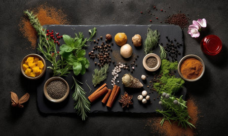 Generative AI : Fresh herbs in stone bowl with olive oil and spices Grey backgroundの素材