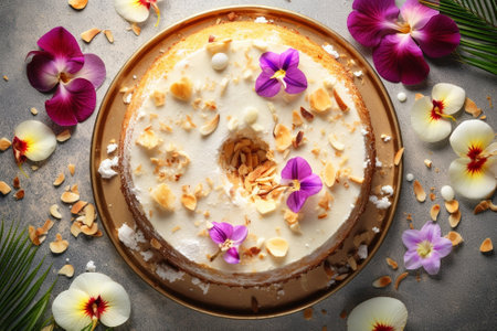 Generative AI : Three milk cake tres leches cake with coconut Traditional dessert of Latin America Top view Copy spaceの素材