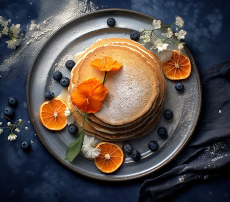 Generative AI : Pumpkin pancakes with maple syrup and blueberries on a plate Grey stone background Top viewの素材