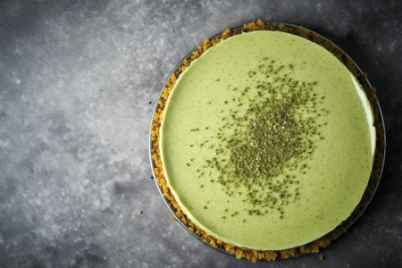 Generative AI : Matcha green tea brownie cake with white chocolate on a cooling rack Grey stone background Top view Copy spaceの素材