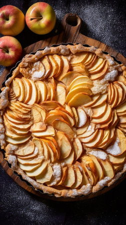 Generative AI : Apple tart with vanilla pod on paper Traditional holiday dessert Wooden rustic backgroundの素材
