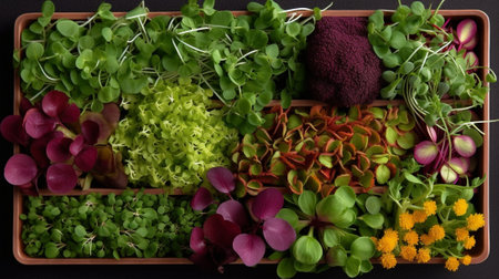 Generative AI : Assortment of micro herbs Chives radish sunflower chervil sprouts in containers Close up Top viewの素材
