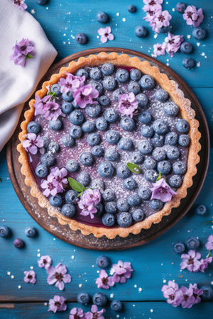 Generative AI : Blueberry bilberry tart on a blue ceramic plate on a wooden backgroundの素材