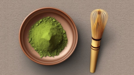 Generative AI : Matcha green tea powder in black bowl with bamboo whisk on slate background Top viewの素材