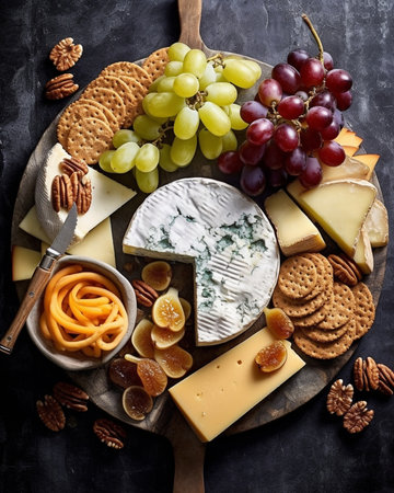 Generative AI : Cheese variety with fresh grape honey comb nuts and plum jelly marmalade on a blue wooden backgroundの素材