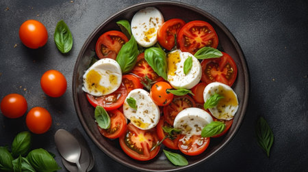 Generative AI : Caprese salad with tomatoes mozzarella cheese and basil with Italian flag Marble background Close upの素材