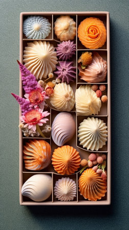 Generative AI : Palm sugar in wooden box on colorful wooden background with palm leaf and flowers Top viewの素材