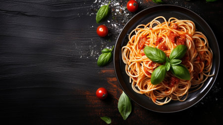 Generative AI : Pasta spaghetti with pesto sauce and fresh basil leaves in black bowl Grey background Copy space Top viewの素材