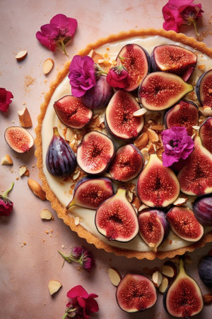 Generative AI : Fig mousse tart decorated with rose buds on a white plateの素材