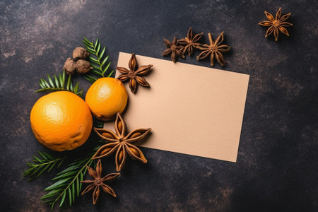 Generative AI : Mulled white wine with spices orange slices on New year and Christmas background Copy space Top viewの素材
