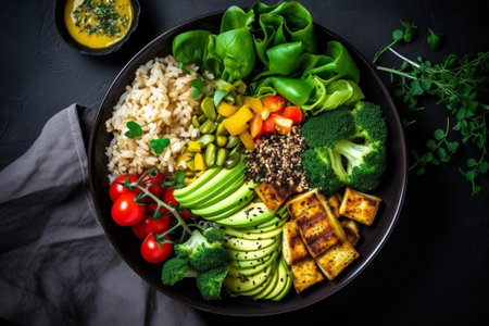 Generative AI : Healthy vegetarian salad Buddha bowl Grey background Close upの素材