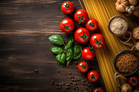 Generative AI : Italian food background with vine tomatoes basil spaghetti olives parmesan olive oil garlic peppercorns rosemary parsley and thymeの素材
