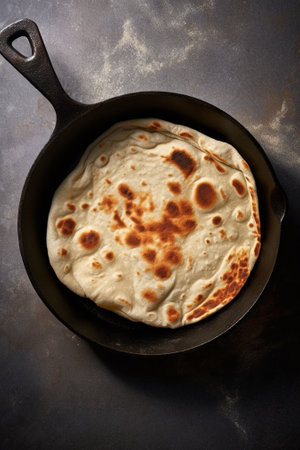 Generative AI : Traditional Scottish tattie potato scones in cast iron pan Dark background Close up Top viewの素材
