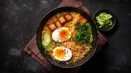 Generative AI : Asian noodle soup ramen with chicken tofu vegetables and egg in black bowl Top view Copy space Slate backgroundの素材